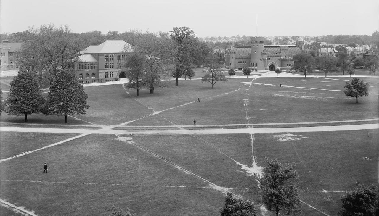 Desire paths worn across a campus quad where people actually walked, cutting across the paved routes